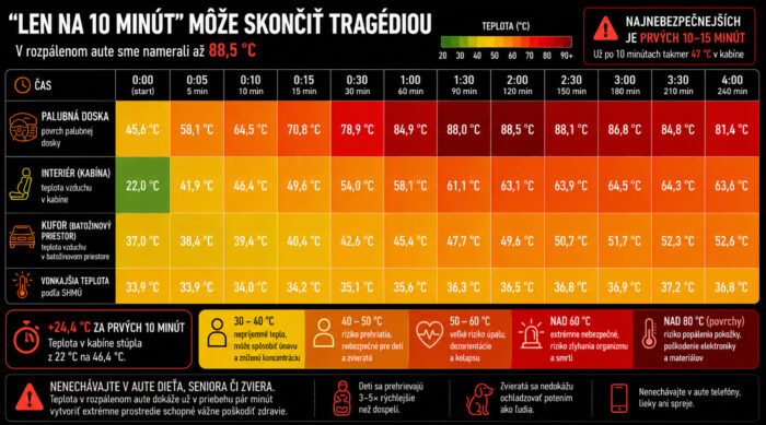 V aute sme namerali 88,5 °C. Na rozpálenom parkovisku skončí 10-minútové odbehnutie tragédiou
