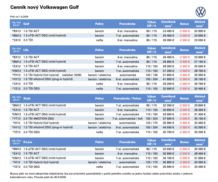 Cenník nového VW Golf aj s hybridnými verziami | volkswagen.sk